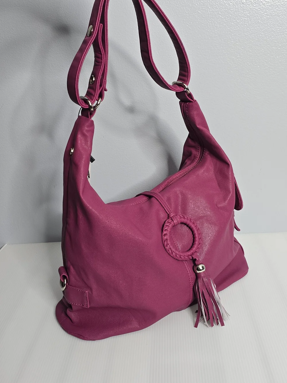 NWT Magenta Faux Leather Ring Tassel Hobo Shoulder Bag
